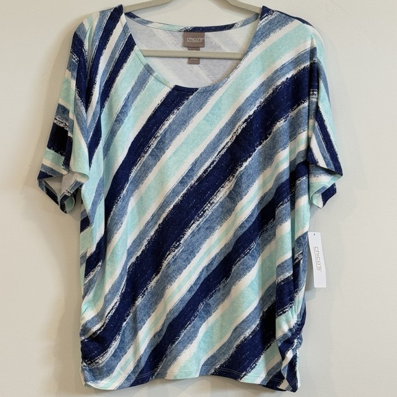 Chico's‎ Texture Stripe Boat Neck Dolman Sleeve Womens Beachy Vacay Resort L/12 - Picture 1 of 9